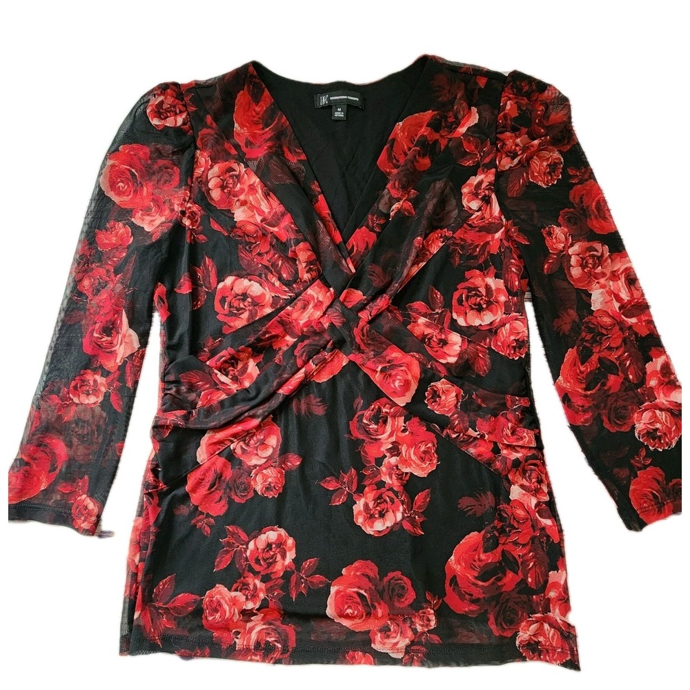 INC Babydoll Top M Sheer Black Red Roses Criss Cross Goth Y2K Dark Fairy Vampire